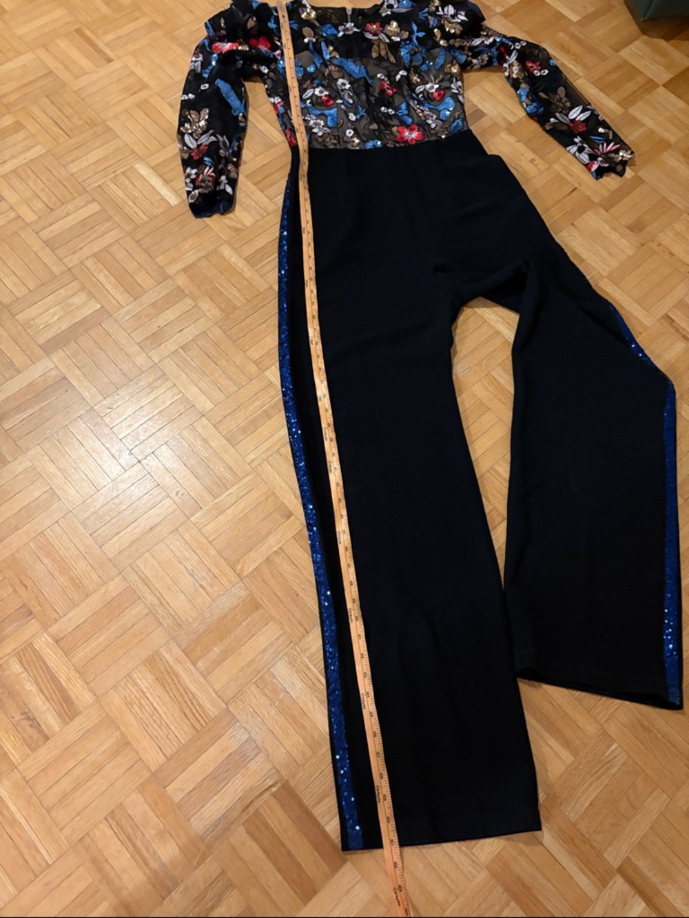 Bronx & Banco Black Wide-Leg Jumpsuit with Floral Bodice and Blue Trim. NWOT - Picture 8 of 16